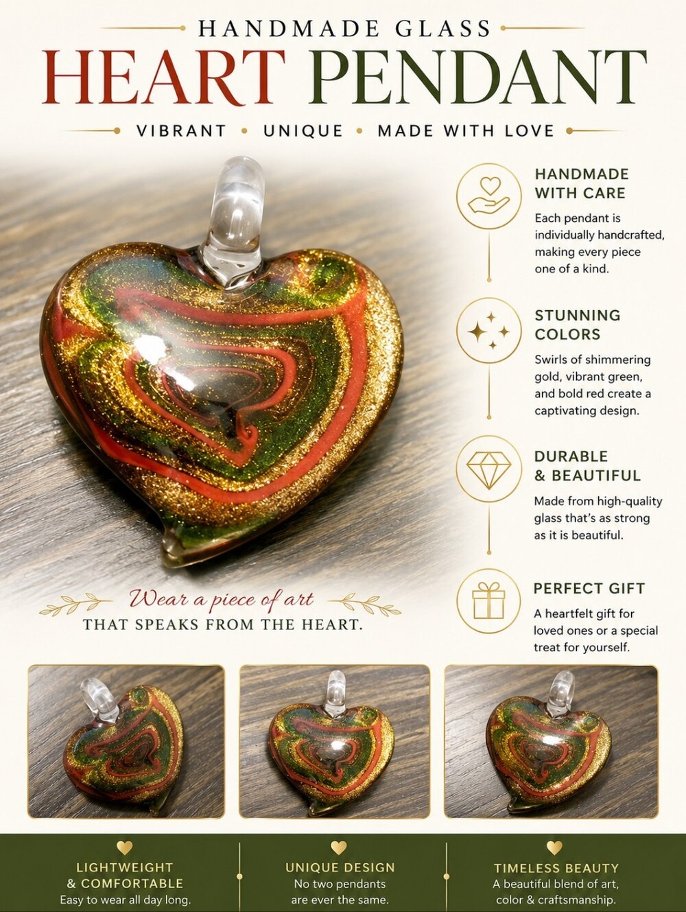 Glass Heart Pendant from Venice